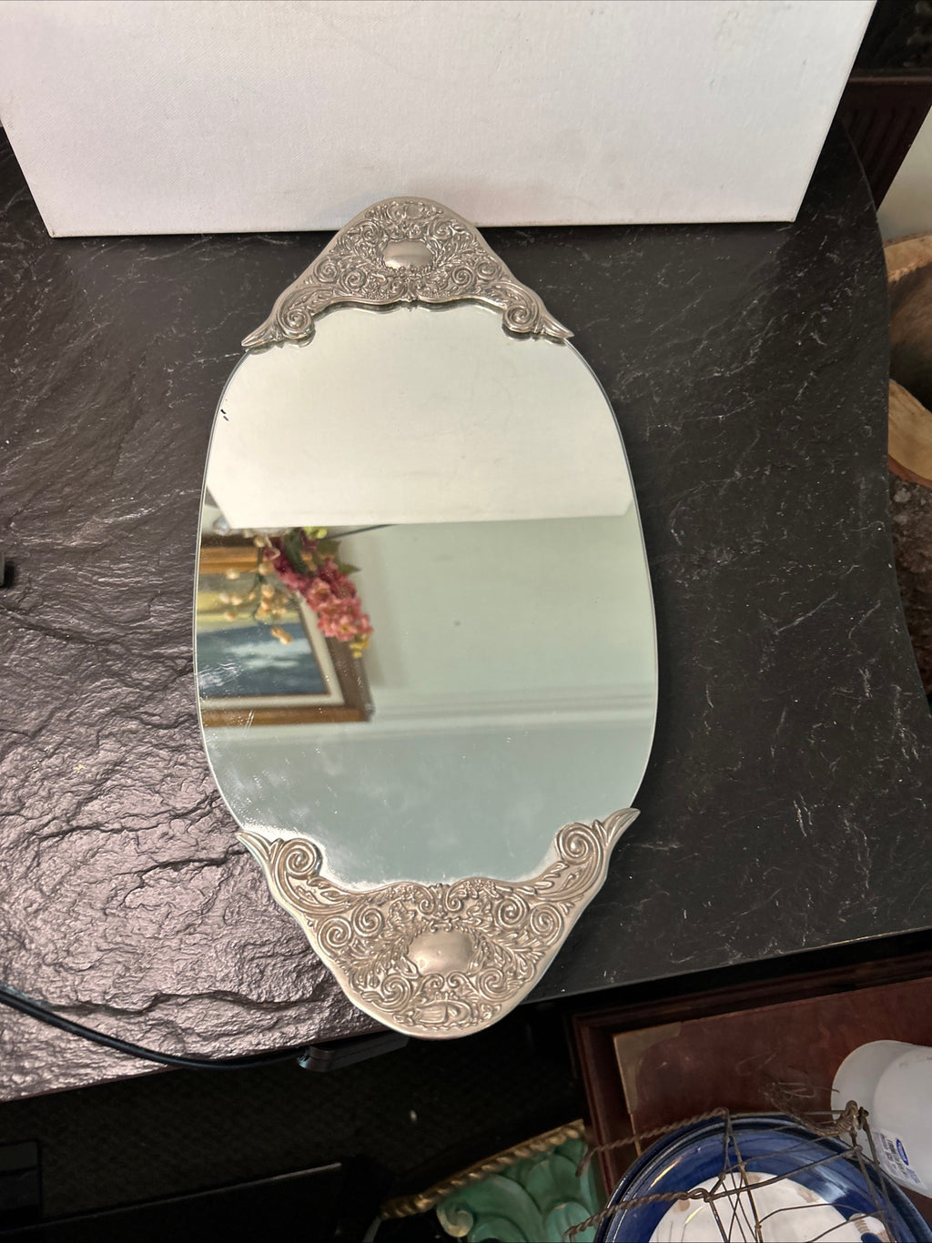 Vintage Godinger 1988 Silver Plated Oval Mirror Vanity Tray Footed 15x7.5"